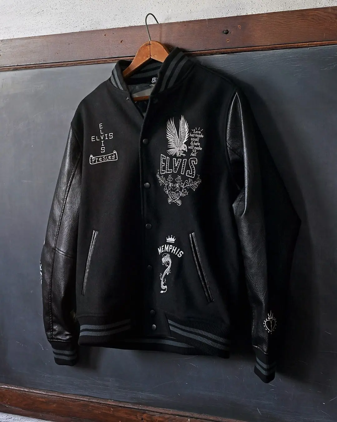Men's Official Elvis Presley Memphis Edition Varsity Jacket - Melton Wool Body, Vegan Leather Long Sleeves, Embroidered Design, Nylon Accents, Menswear Tops & Coats
