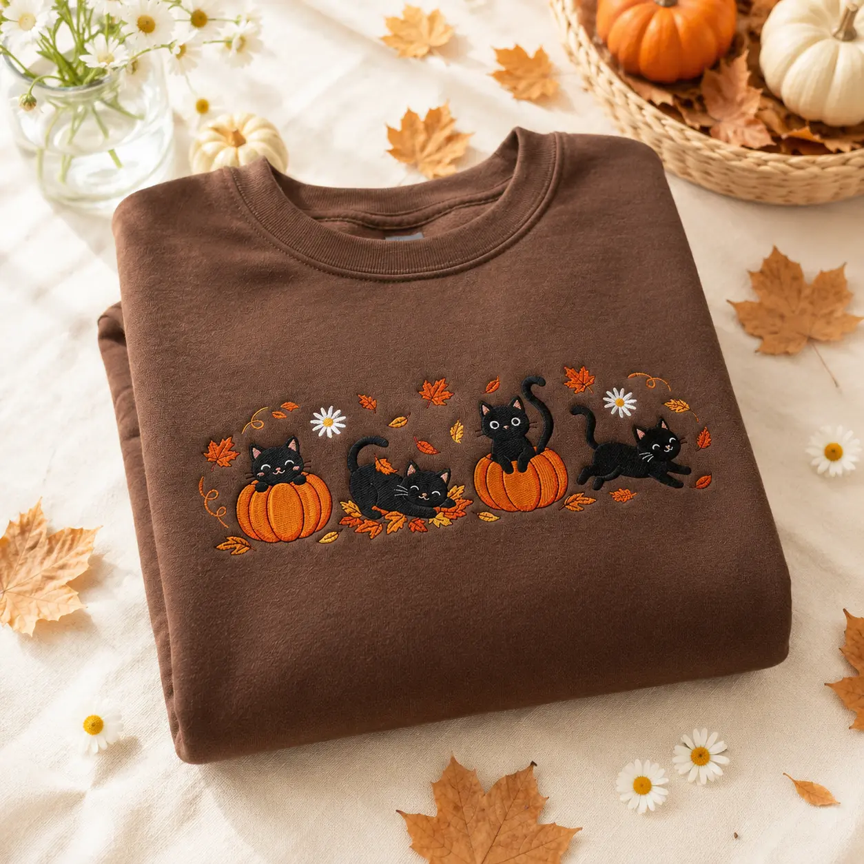 Pumpkin Black Cat Embroidered Sweatshirt, Cozy Fall Crewneck,  Cat Lover Gift, Autumn Shirt, Cute Autumn Spooky Season
