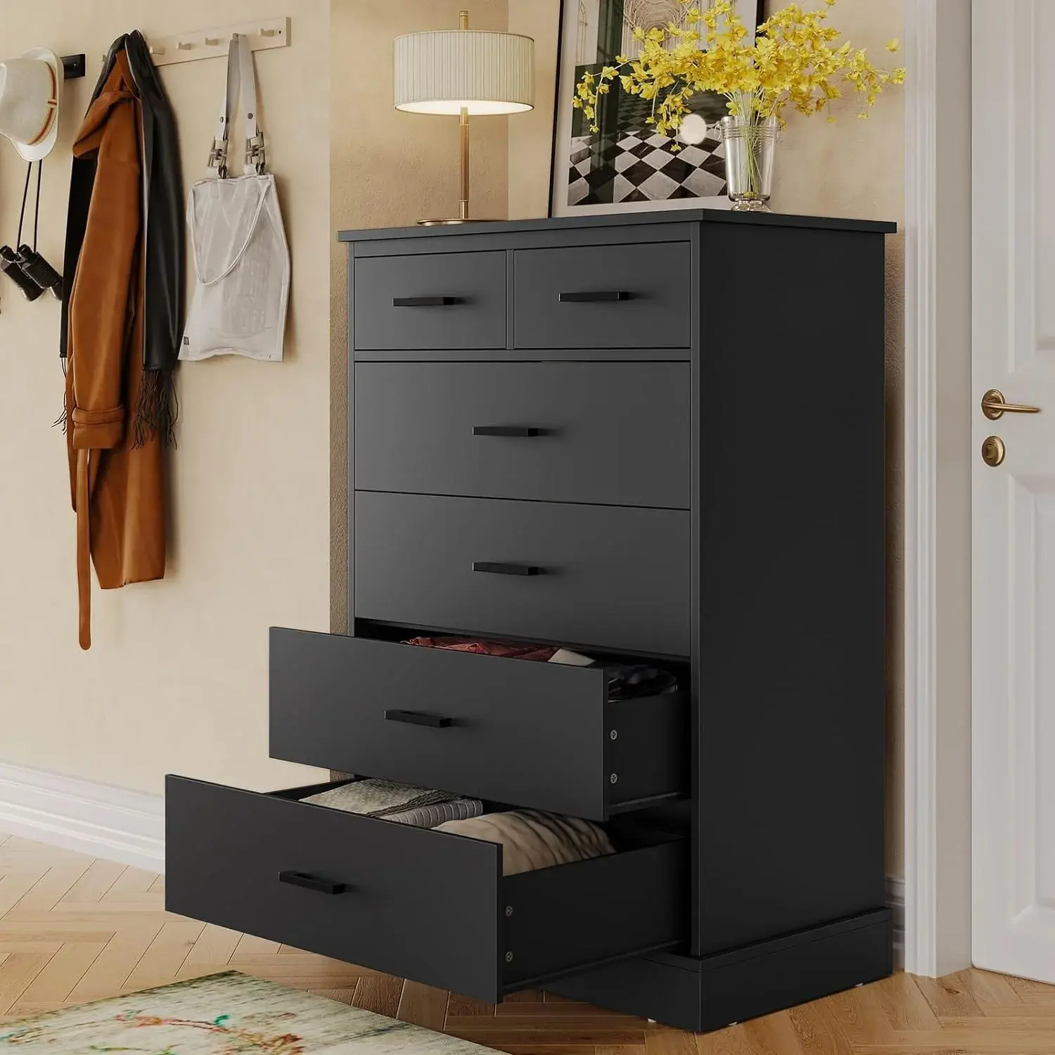 Tall Dresser with 6 Storage Drawers Sturdy Base Black - TikTok Shop