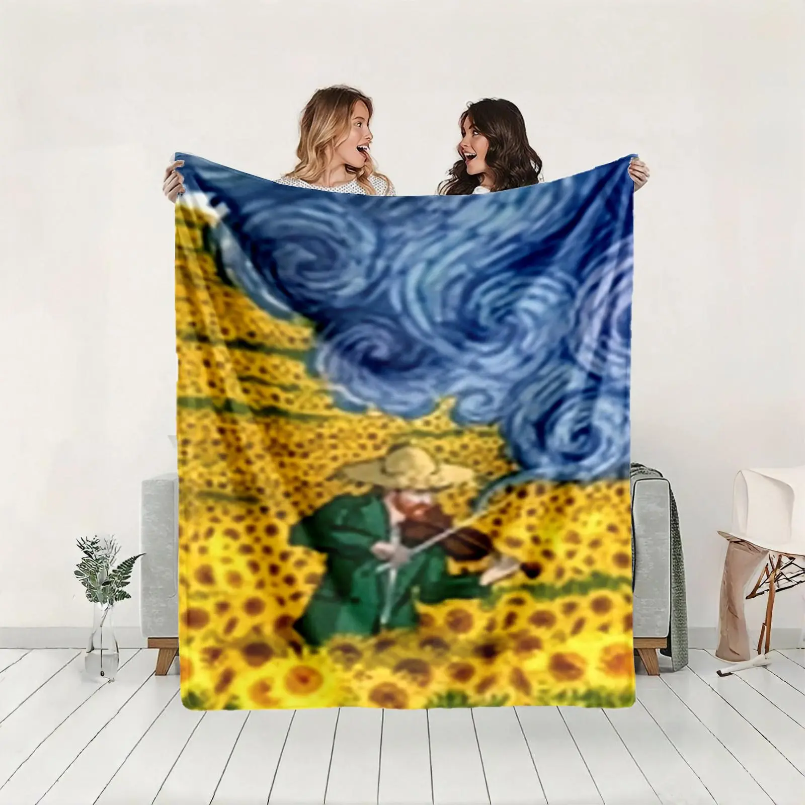 1 piece The Van Gogh Melody Playing in the Sunflower Field themed flannel blanket - Modern-style all-season flannel blanket, suitable for sofas and beds, super soft and comfortable, digitally printed pattern, 100% polyester material, machine