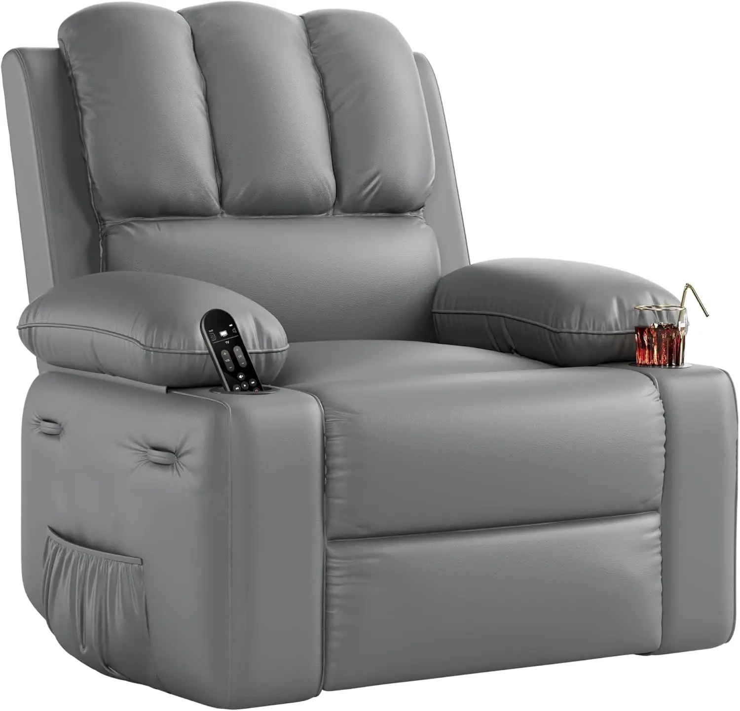 22-Inch Manual Recliner Chair - PU Leather Sofa with Cup Holders, Ergonomic Design Armchair - Body-Friendly, Contemporary, Heavy-Duty Indoor Recliners for Living Room, Bedroom - Grey, Body-Friendly Recliners