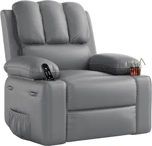 22 Inch Manual Recliner Chair - PU Leather Sofa with Cup Holders - Ergonomic Design for Living Room Bedroom - Grey