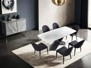 FM3700BK-7PC 7 pc Lenvik black powder coated base and white ceramic top modern dining table set