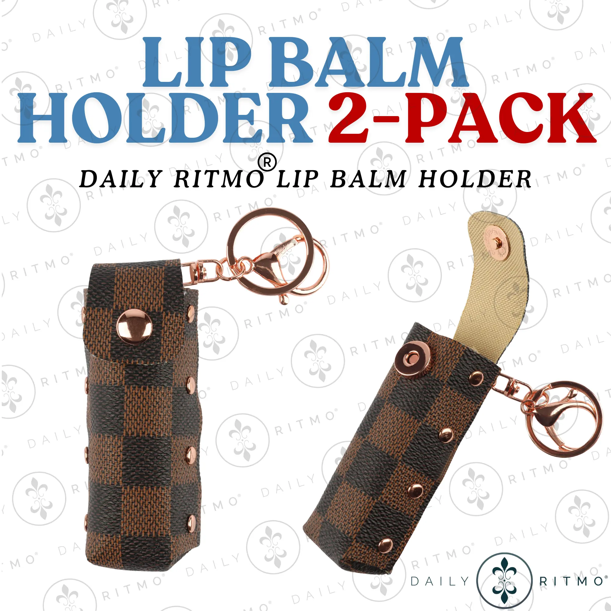 DAILY RITMO 2-Pack Set PU Leather Lip Product Holder Keychain for Badge Reel, Checkered, Rose Gold Buttons, Everyday Use, Checkered/Plaid, Fits Most Lip Products, Casual, Snap Hook, Multipack, Mini