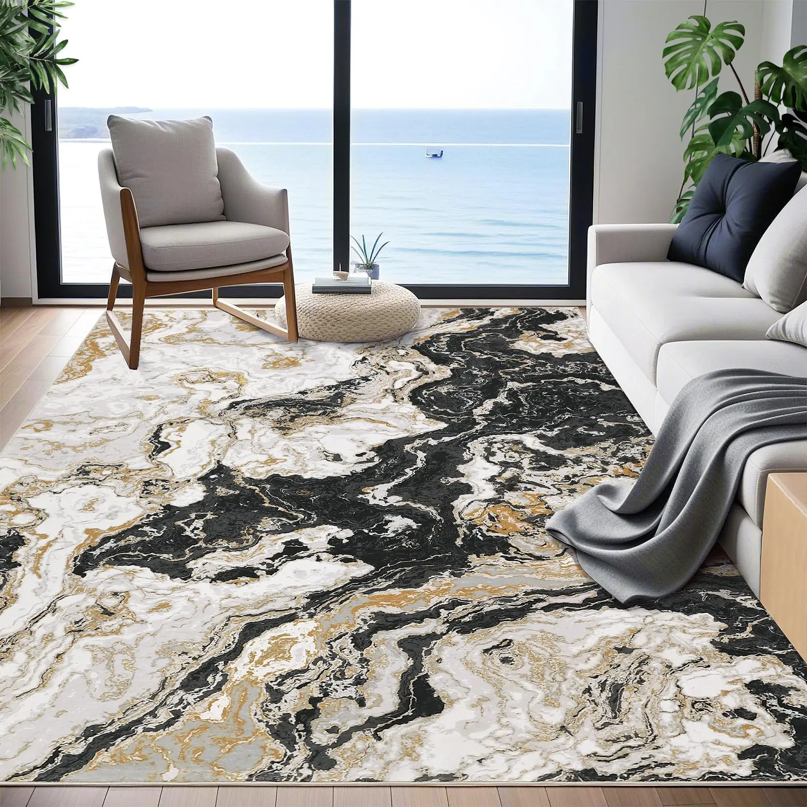 GARVEE Washable Rugs 5x7 Modern Living Room Area Rug, Soft Non Slip Abstract Boho Indoor Floor Rug Low Pile Marble Rug for Kitchen Dining Bedroom Nursery, Black