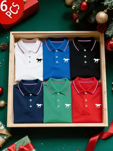 6pc Men's Polo Shirt Set, Casual Fashion Home Wear, Solid Color Short Sleeve Horse Print, Contrast Collar, Breathable Daily/golf Shirts, Menswear