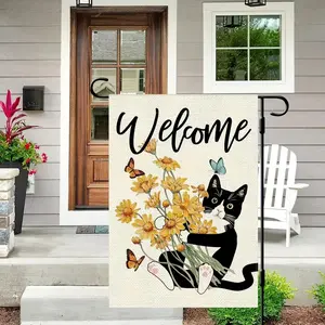 Double Sided Vertical Spring&Summer Cat Garden Flag, Farmhouse Outdoor Decor, Floral Welcome Flag for Garden Use