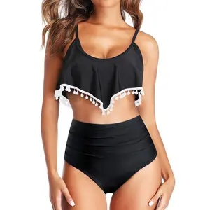 Tempt Me Women Two Piece High Waisted Bikini Set Ruffle Swimsuit Flounce Pom Pom Trim Bathing Suit with Full Coverage Swim Bottoms Flowy Swim Tops Tummy Control Swimsuits