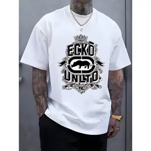 Men'S Casual Black T-Shirt with "ECKO UNITO" White Print - 100% cotton 180g , Short Sleeve, Round Neck, Summer Outdoor Activity Shirt, Outdoor Casual Wear |   Graphic Tee |   Lightweight Shirt, Plus Size