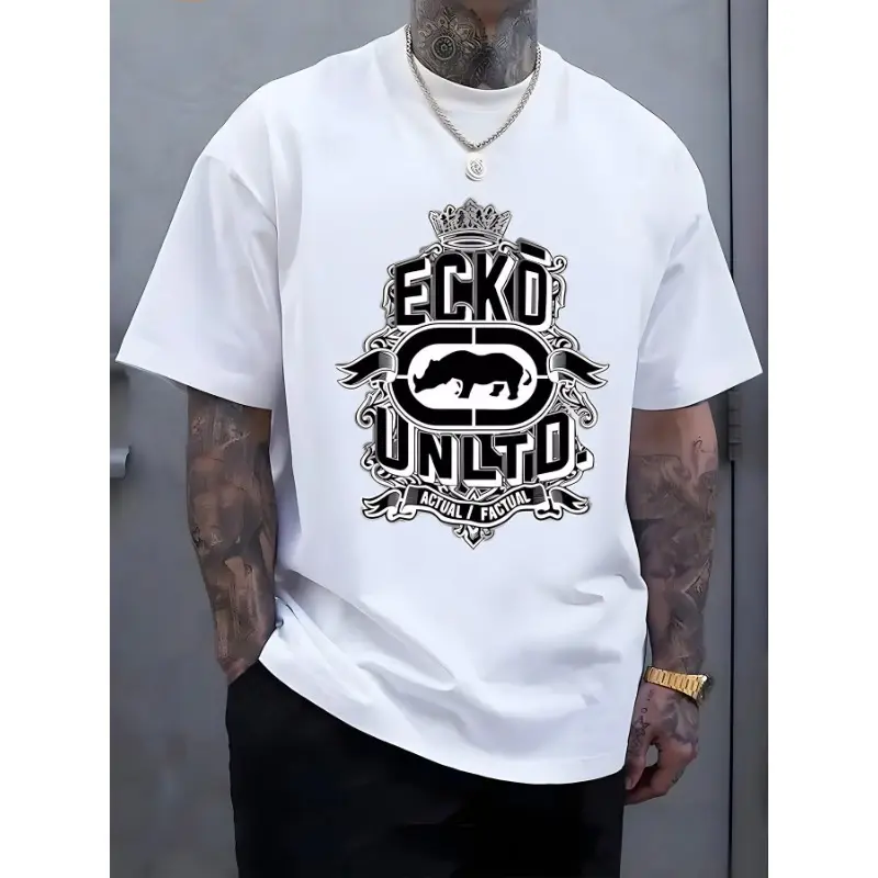 Men'S Casual Black T-Shirt with "ECKO UNITO" White Print - 100% cotton 180g , Short Sleeve, Round Neck, Summer Outdoor Activity Shirt, Outdoor Casual Wear |   Graphic Tee |   Lightweight Shirt, Plus Size