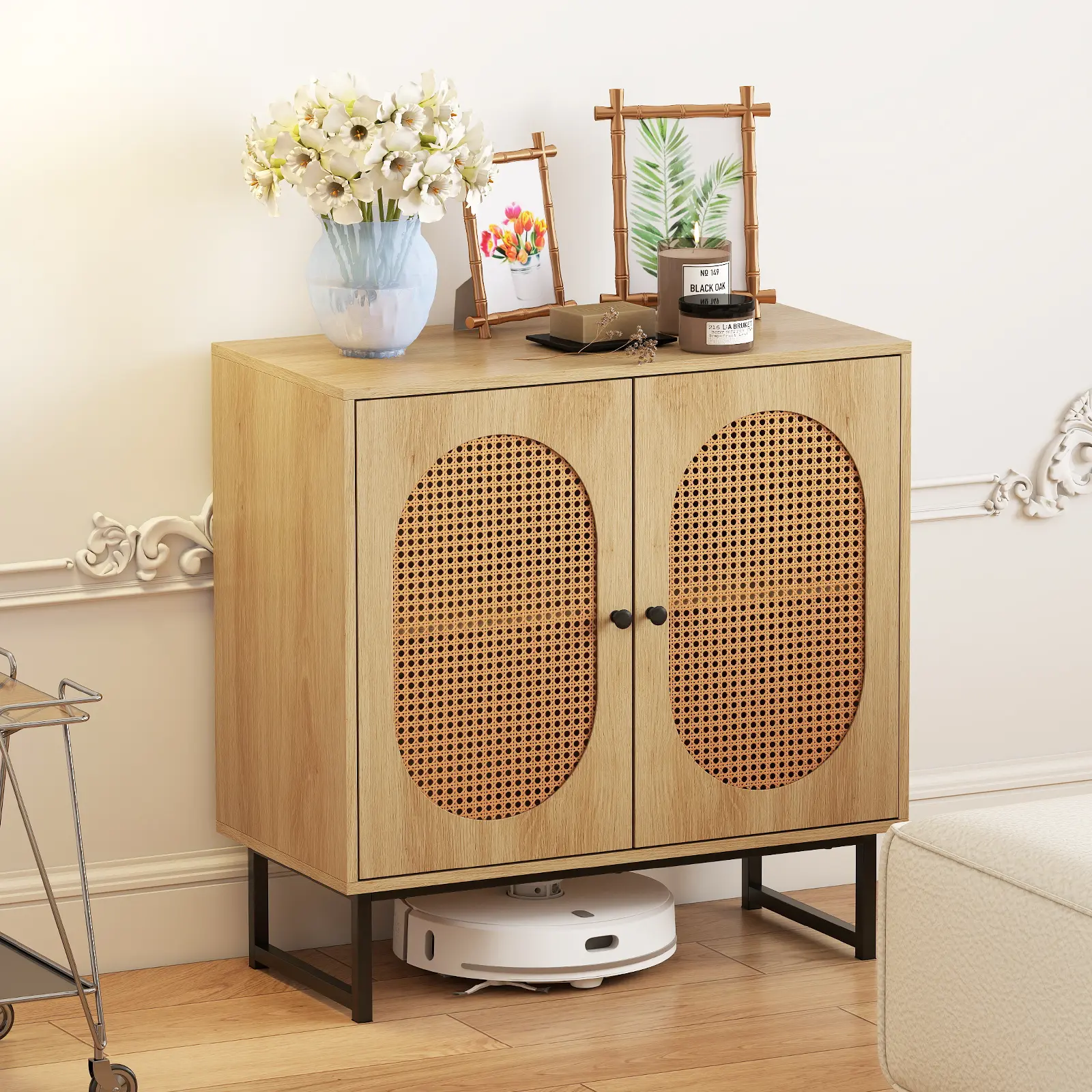 COSTWAY - Buffet Cabinet Rattan Storage Cabinet with 2 Doors and Adjustable Shelf-Natural