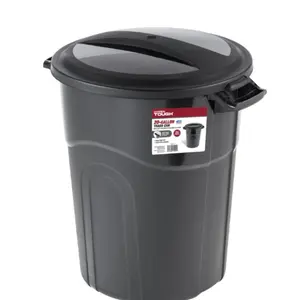 Heavy Duty 20 Gallon Plastic Garbage Can with Tethered Lid, Black Cover