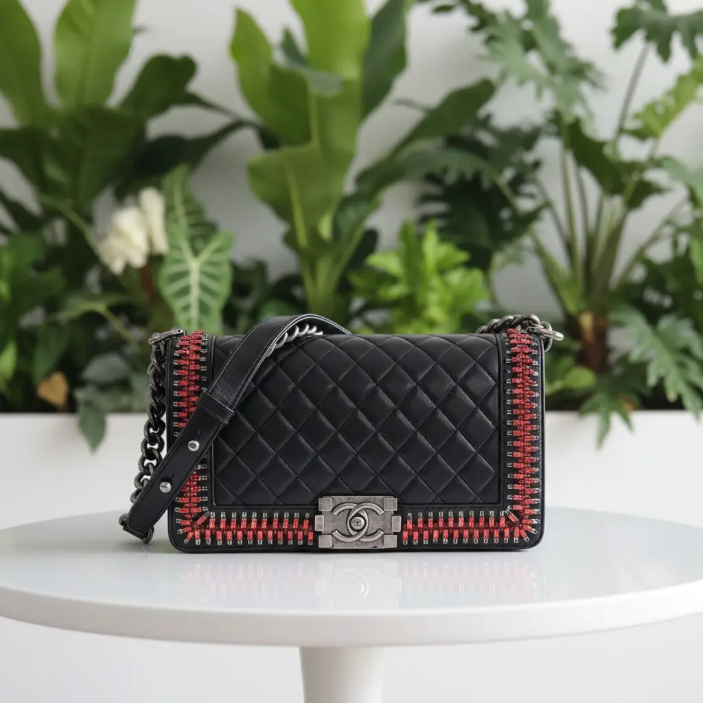 Pre-owned CHANEL Lambskin Shoulder Bags 2014 Runway Medium Black with Rhinestones