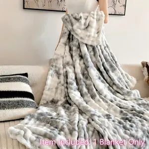 Home Fluffy Faux Rabbit Fur Throw Blanket for Couch, Soft Luxury Bubble Double Sided Plush Blanket, Cozy Thick Warm Fuzzy Decorative Blanket for Bed Chair Sofa Living Room,Tie-dye Grey, Soft Fleece Blanket