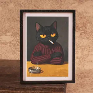 Cool Cat Mini Photo Frame Refrigerator Magnet, Cat Wearing Striped High Neck Sweater, Perfect for Kitchen Bar Counter Decor