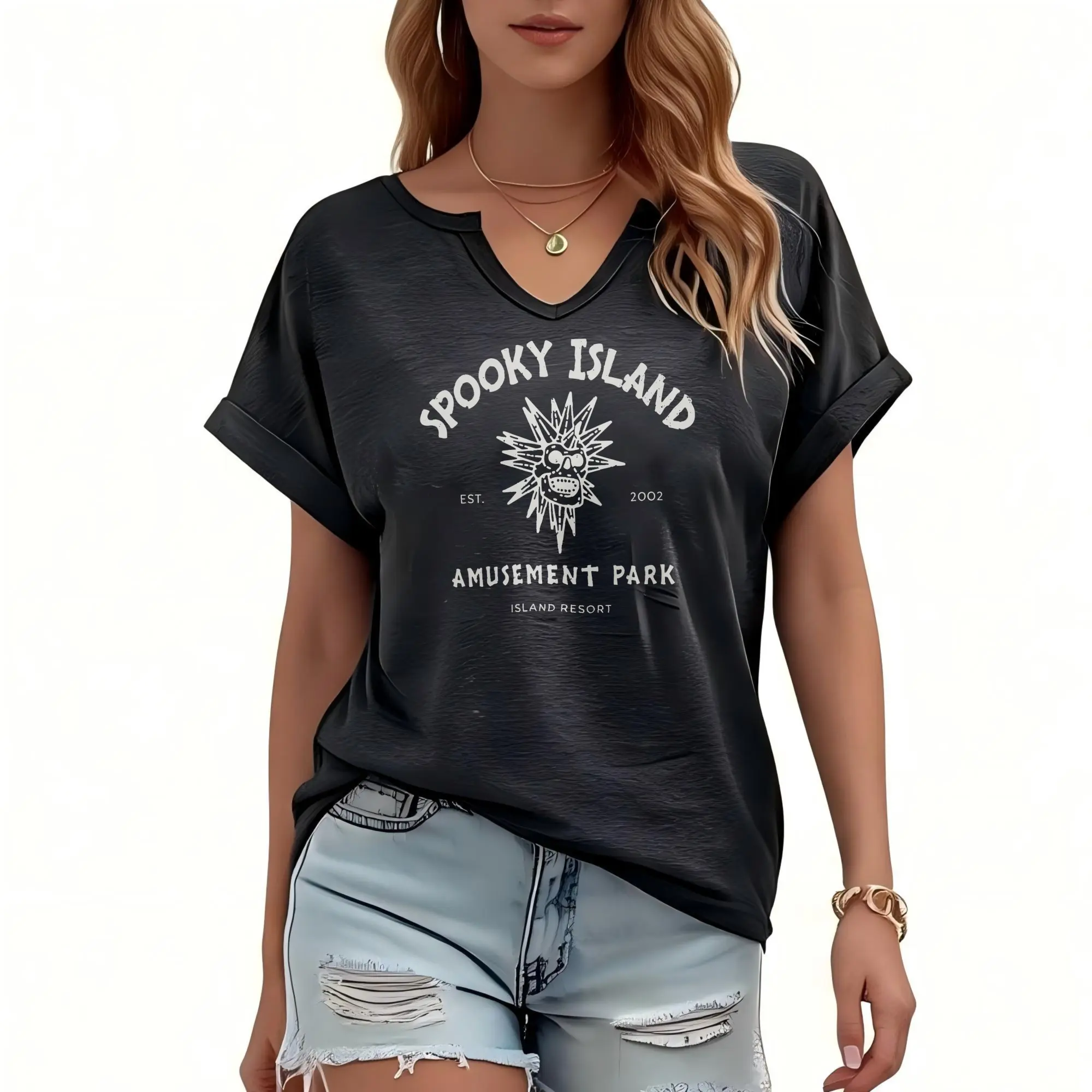 Women's Spooky Island Graphic T-shirt, Lightweight V-Neck Top with Batwing Sleeves and Rolled Cuff, Aesthetic Loose Fit for Summer