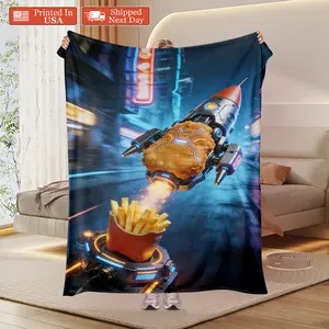 Cyber Chicken McNugget Rocket Blanket: The Viral Neon Fast Food Mecha Throw Blowing Up TikTok, Ultra Soft Plush Fleece Blanket Printed In USA For yberpunk Aesthetic Lovers