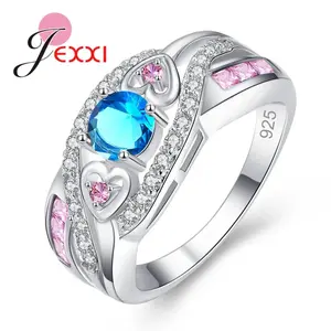 925 Sterling Silver Rainbow CZ Ring for Women – Heart Accent Promise Ring with Colorful Crystal Stone