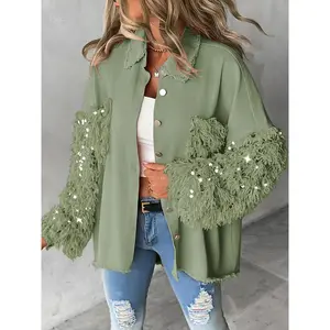 Contrast Sequin Tassel Design Fuzzy Patchwork Shacket