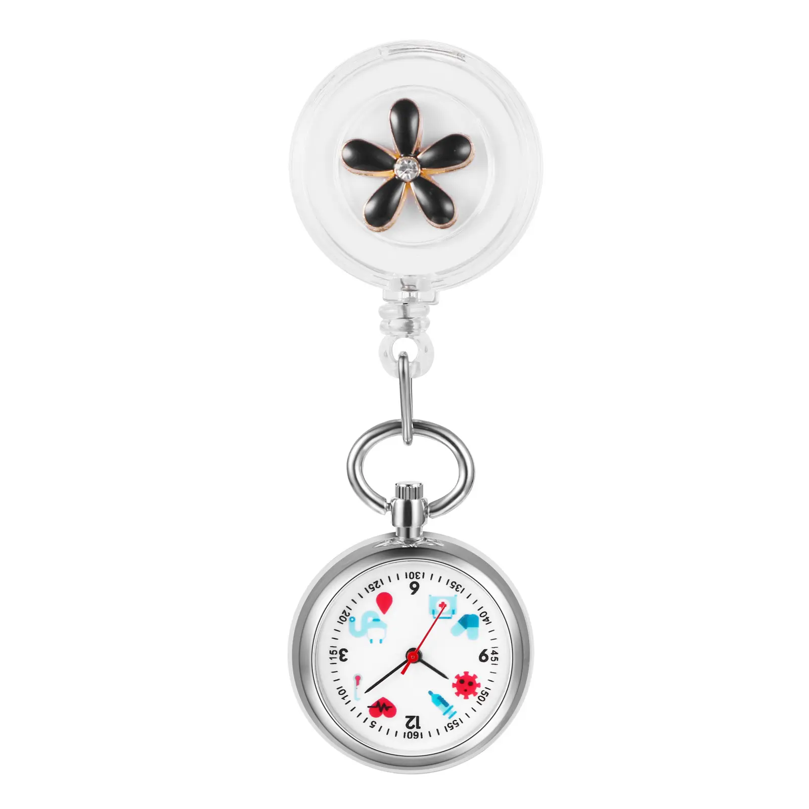 OIDEA Nurse Watch, Flower Motif Clip-on Fob with Retractable Reel, Lightweight 1.25 in Easy-Read Medical Theme Dial, Splash Resistant Healthcare Gift, Round, Analog, Retractible, Splashproof