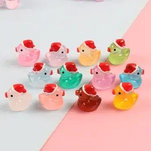 Cute Night Light Christmas Hat Mini Duck Garden Crystal Ball Decoration, Desktop Ornament, Micro Landscape Accessory, DIY Craft Kit