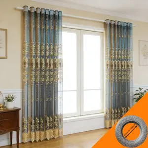 2pcs European Luxury Gradient Blue Gold Embroidered Sheer Curtain, Living Room Transparent Privacy Window Shade, Bedroom Pierced Curtains
