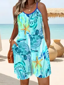 【Plus Size】 Tie Dye & Plants Print Tank Romper, Casual Sleeveless V Neck Romper for Summer, Women's Clothes for Beach Holiday Vacation, Womenswear