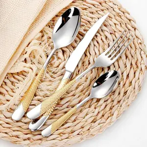 4/8/16/20/24/28 Pcs  Gold Plated Cutlery Set Dishwasher Safe Flatware Set With Hammered Handle 18/10 Steel Sierware Set