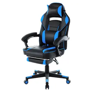 Garvee Gaming Chair Office Chair Desk Chair Reclining Computer Gaming High Back Headrest Lumbar Support Armrest Height Adjustment Function PU Leather With Ottoman (Blue)