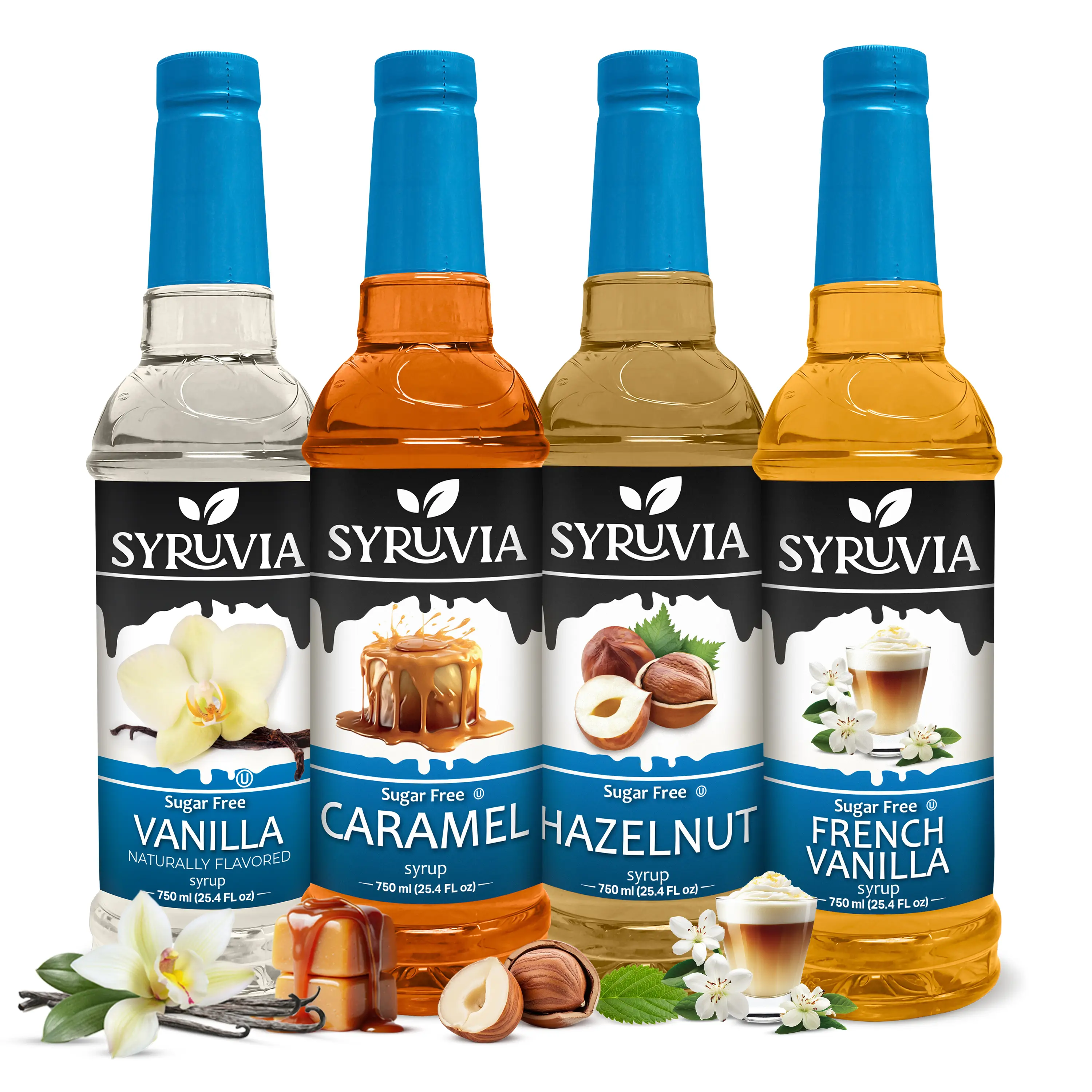 Syruvia Sugar Free Coffee Syrup Variety Pack - 4-Pack Beverage Sweetener (Vanilla, Caramel, Hazelnut Flavors) - Kosher, Gluten Free, 25.4 fl oz (750ml) Bottles - Ideal for Home Cafes
