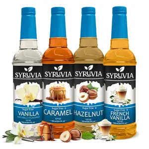 Syruvia Sugar Free Coffee Syrup Variety Pack – Vanilla, Caramel, Hazelnut & French Vanilla Flavors – Kosher, Gluten-Free, 25.4 fl oz Bottles – Ideal for Home Cafes & Coffee Bars (4-Pack)
