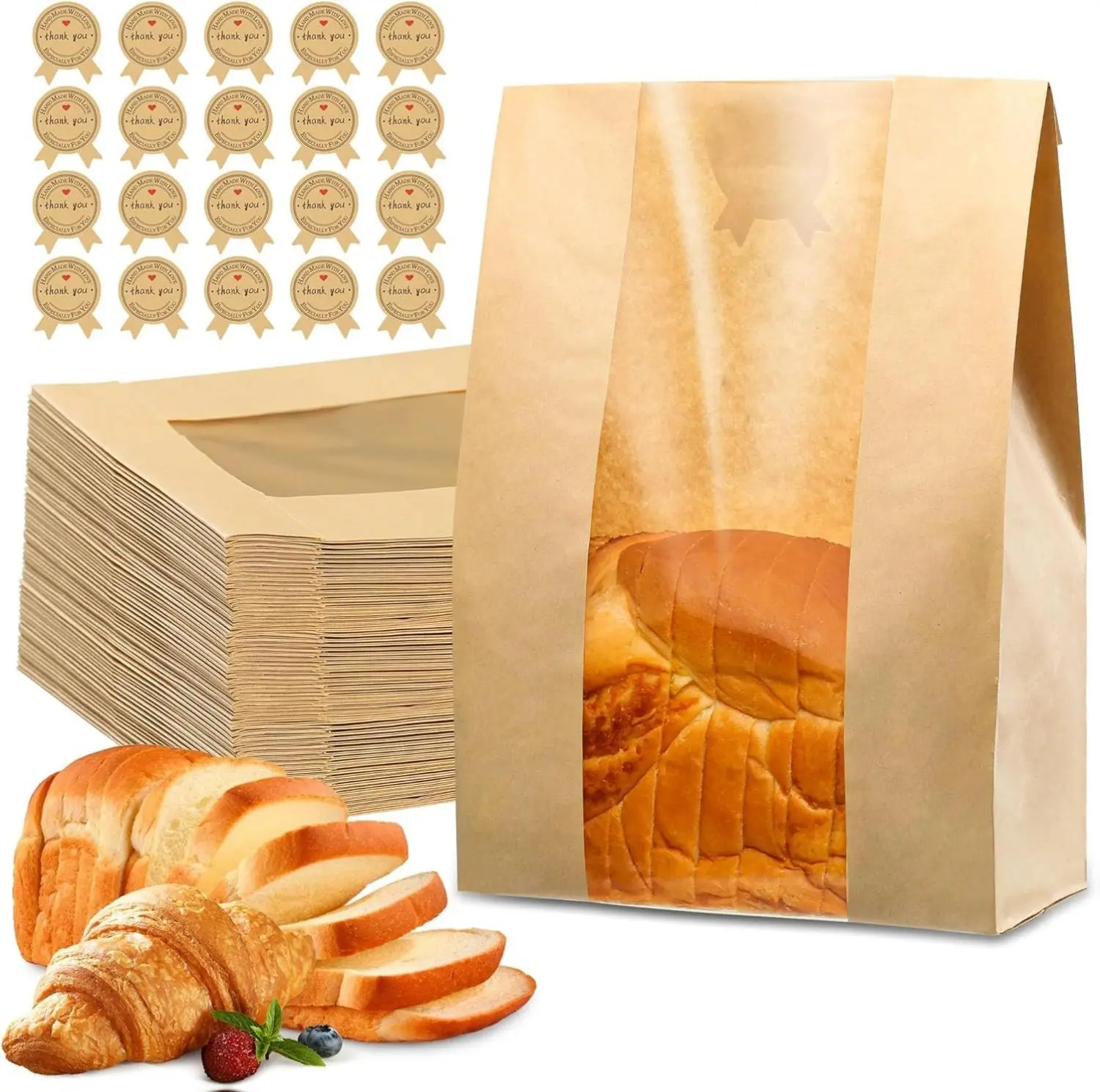 50-Pcs Square Baked Bread Kraft Paper Storage Bags - 50% Thicker, Oil-Proof, Waterproof, 13.7x8.2x3.7 Inches, 22.7oz, PE Transparent Window View, 60 Sealing Stickers & Ties for Home Bakers, Bakeries, Gifts & Wrapping