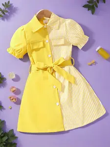Young Girls Patchwork Adjustable Waist Belt Bubble Short Sleeve Dress, Fashionable Summer for Daily Wear