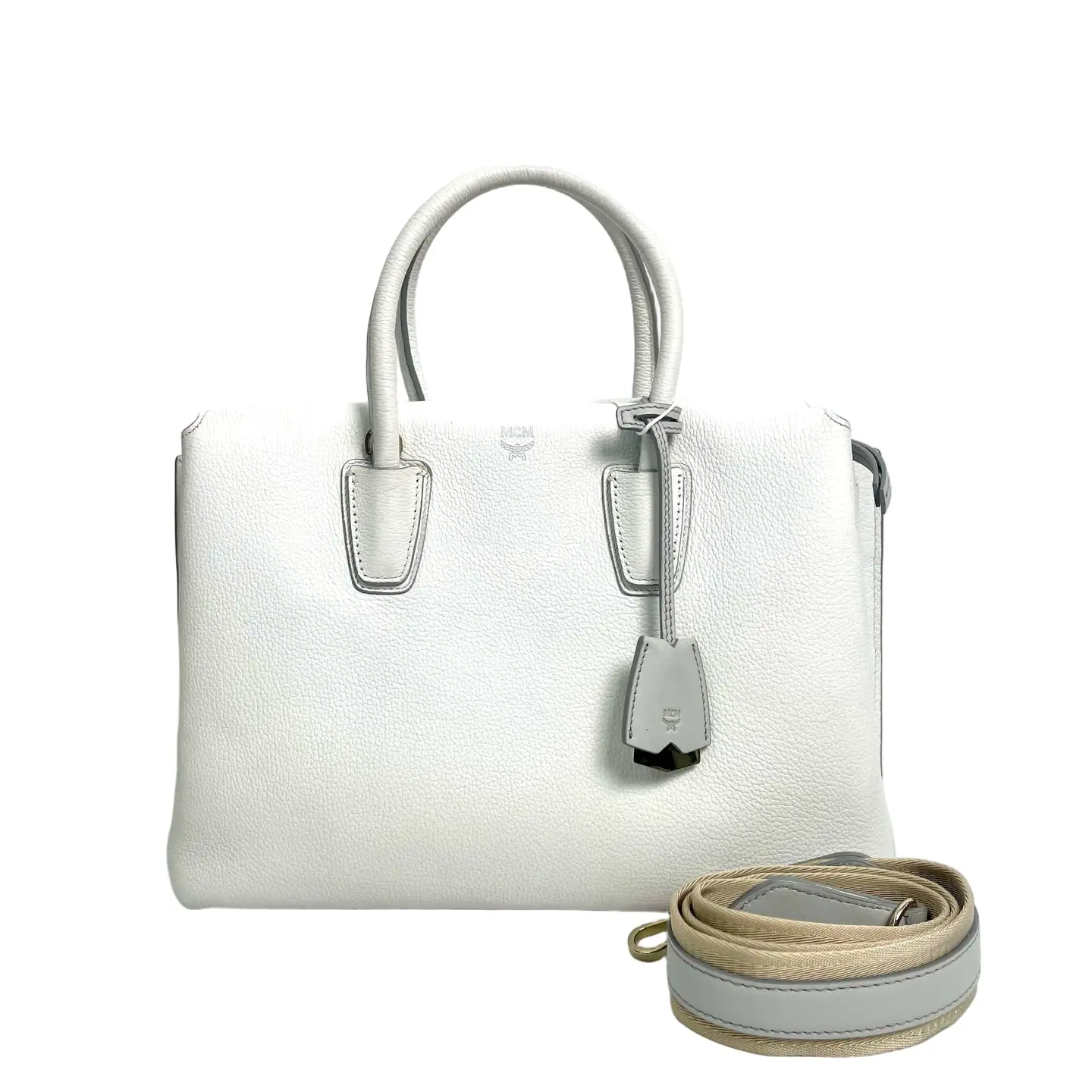 Pre-owned leather tote bags MCM Pebbled Top Handle Tote Bag with Webbing Strap White