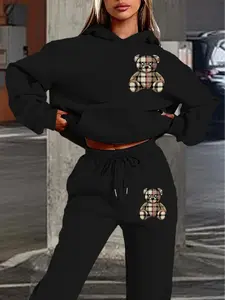 Hooded Sweatshirt Set, Fall Winter Trendy Bear Print, Cute Vintage Style, Comfortable Daily Wear, Loose Fit