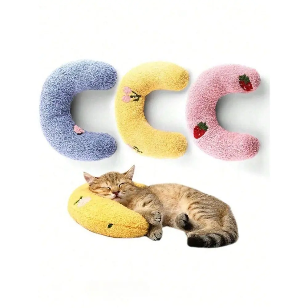 Cute U-Shaped Soft Plush Cat Pillow with Fruit Embroidery, Home Bedding for Cats & Kittens, Ergonomic Neck Support & Anxiety Relief, Kitty, Calming, Plush Fabric, Colorful