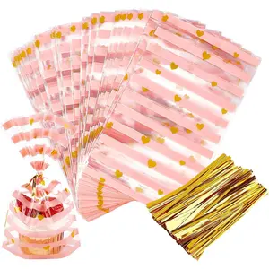 100 Pack Pink Cellophane Treat Bags 8.1"x5" - Bottom Gusset, with Twist Ties - Perfect for Valentine, Birthdays - Ideal for Candy, Party Favors