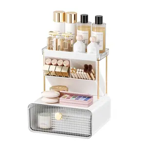 3-Tier Makeup Organizer for Vanity， Cosmetic Display, Assembly Desktop & Bathroom Countertop Storage with Drawers, Dresser Organizer for Lipsticks, Brushes, Jewelry, Office Supplies