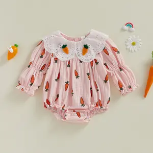 Infant Baby Girl Easter Rompers Long Sleeve Doll Collar Carrot Print Bubble Jumpsuit Spring  0-18 Months
