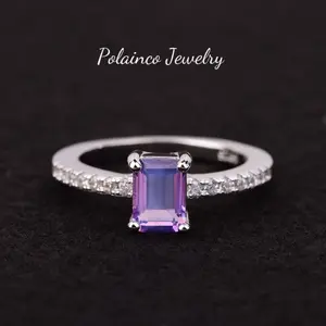 Emerald Cut Gemstone Ring with Pavé Band – White Gold Plated S925 Sterling Silver – Dainty Non Tarnish Stackable Ring for Women – Opal, Garnet, Moss Agate, Blue Topaz, Amethyst & More