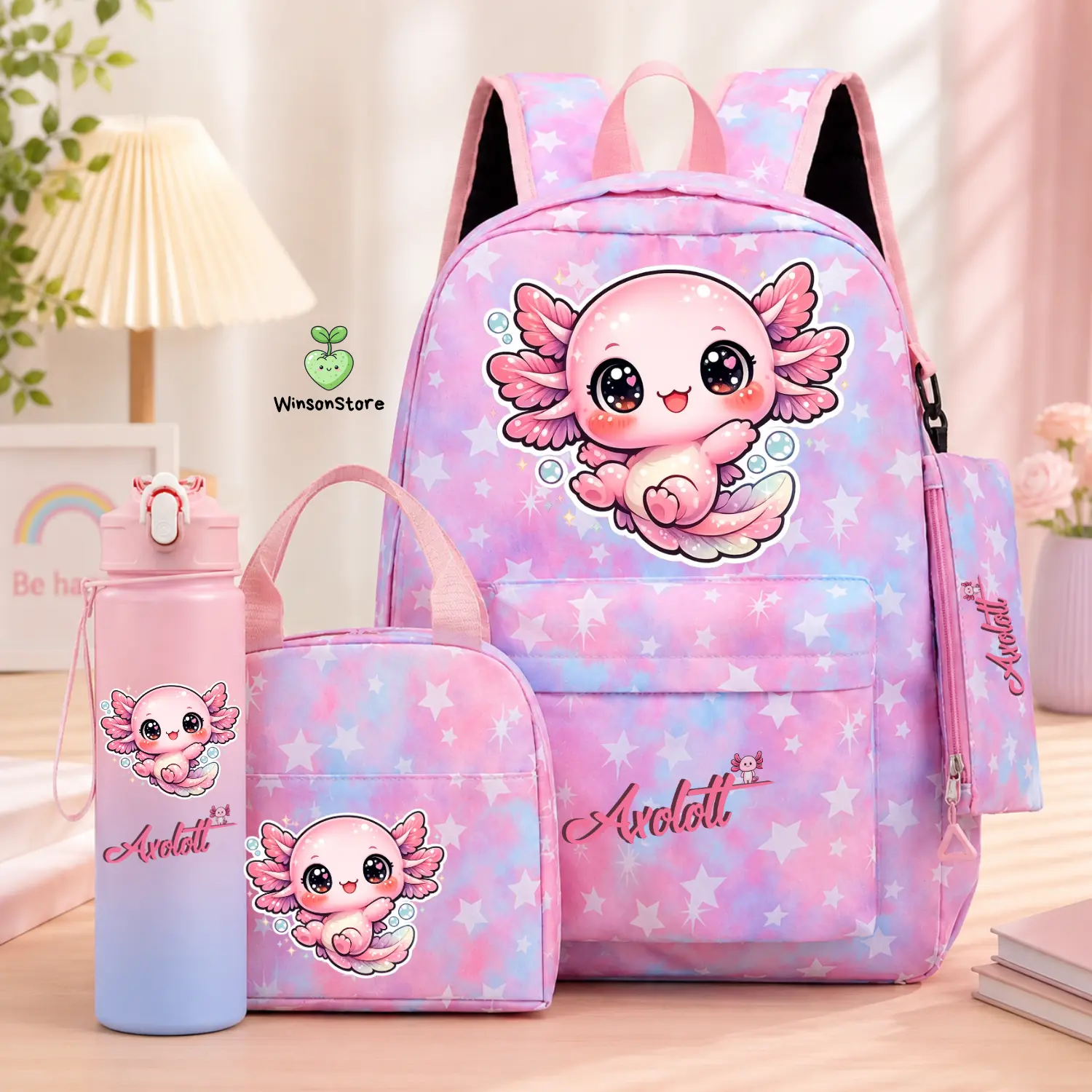 4PCS Axolotl Girls Backpack Set with Lunch Bag, Pencil Case and Water Bottle for School