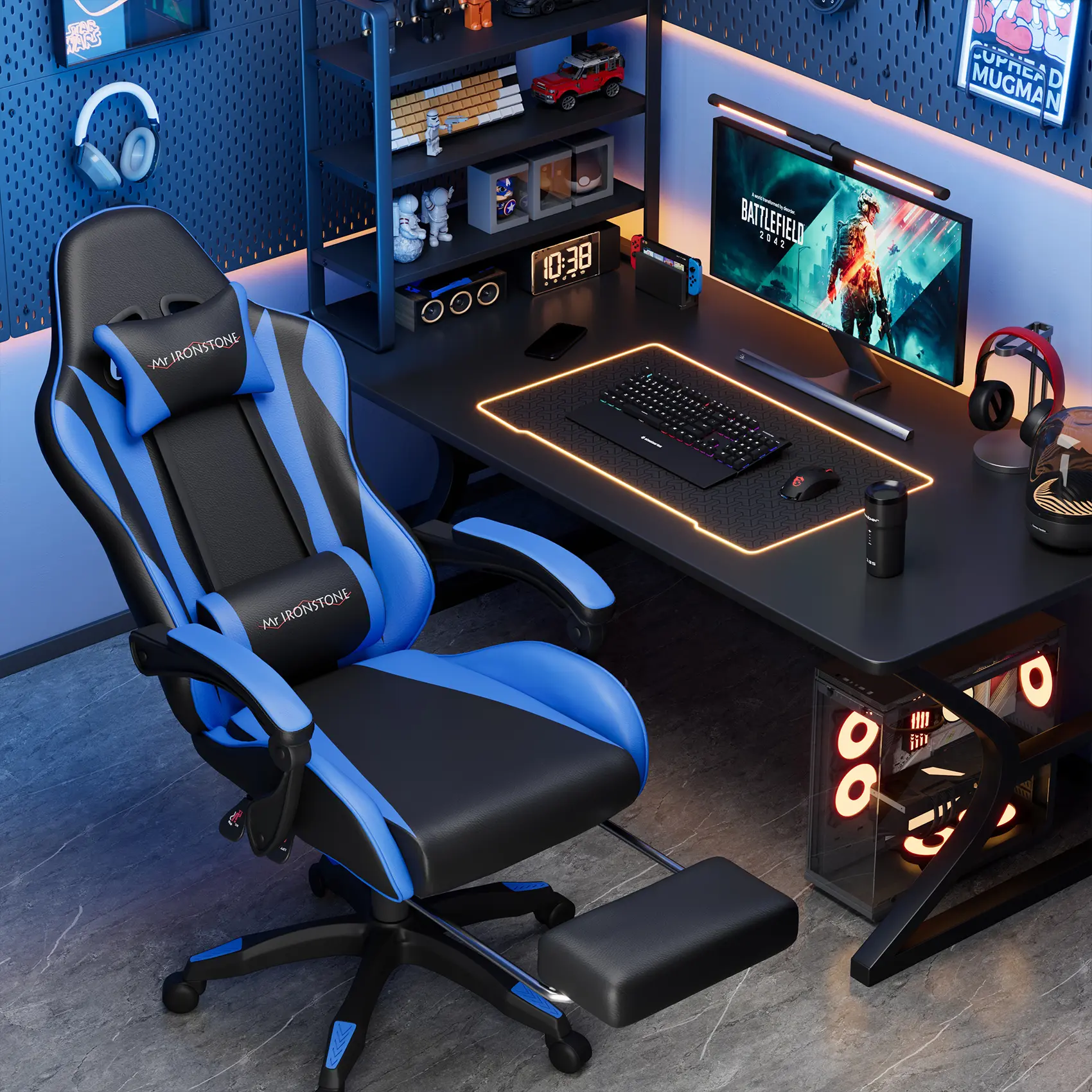 【MASSAGE CHAIR】Mr IRONSTONE Gaming Chair, Computer Chair with Massage Lumbar Support and Footrest Height Adjustable, Game Chair with 360°-Swivel Seat and Headrest, for Office or Gaming, Black/Blue
