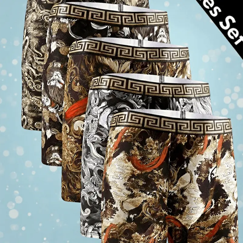 5 Packs Men’s All-Over Print Boxer Briefs – Regular Fit, Comfortable, Breathable Underwear for Men, Everyday Casual & Sports, All Seasons, Soft & Lightweight, Perfect Christmas Gift