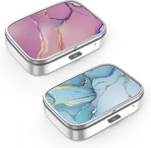 Pill Box 2 Compartment Medicine Pill Case,Portable Pill Box for Pocket or Purse Pill Box Decorative Metal Medicine Vitamin Organizer Unique Gift(2PCS)