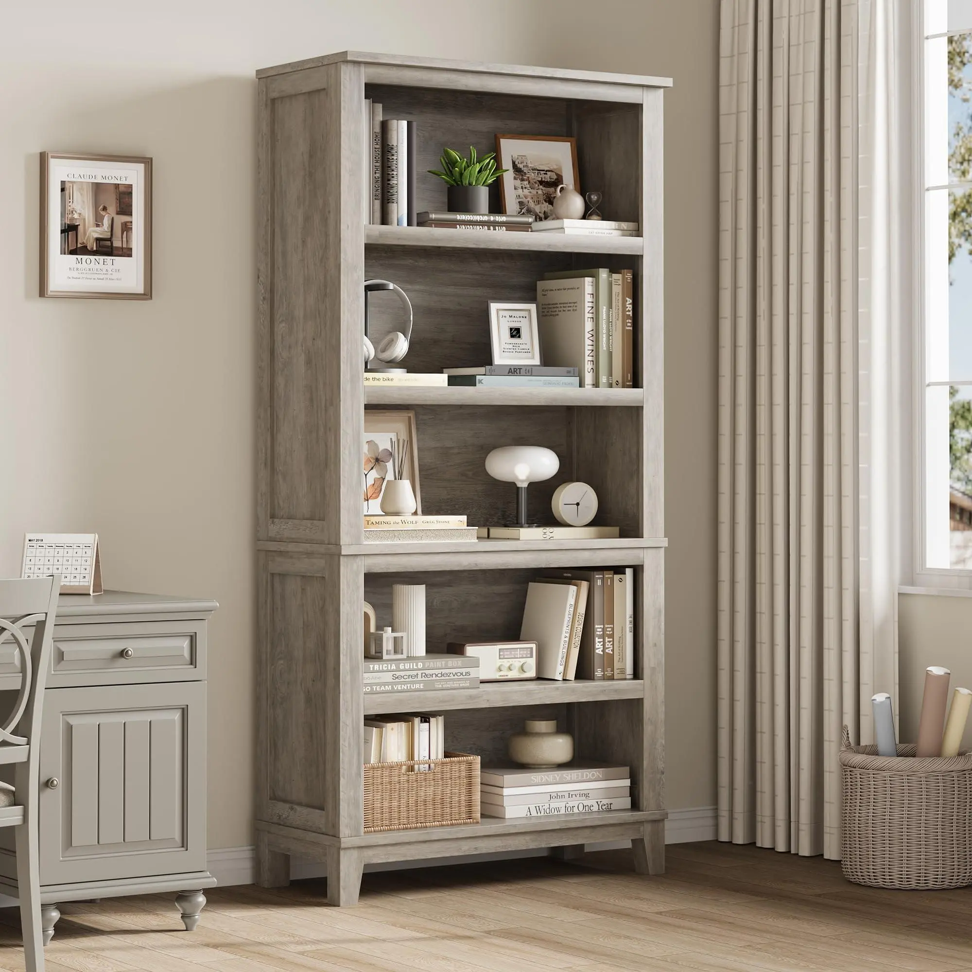 71" Farmhouse 5-Tier Bookcase with 31.5" Width, Adjustable Shelves, Wooden Legs, Simple Setup, Rustic Vintage Shelving for Living Room, Office (Gray), Five Tiers