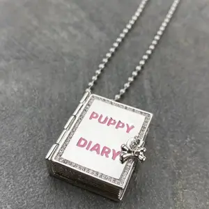 Openable Puppy Diary Book Locket Necklace, Bone Charm Inlaid with Rhinestones, Box Pendant Cute Couple Sweater Chain Costume Neck Jewelry