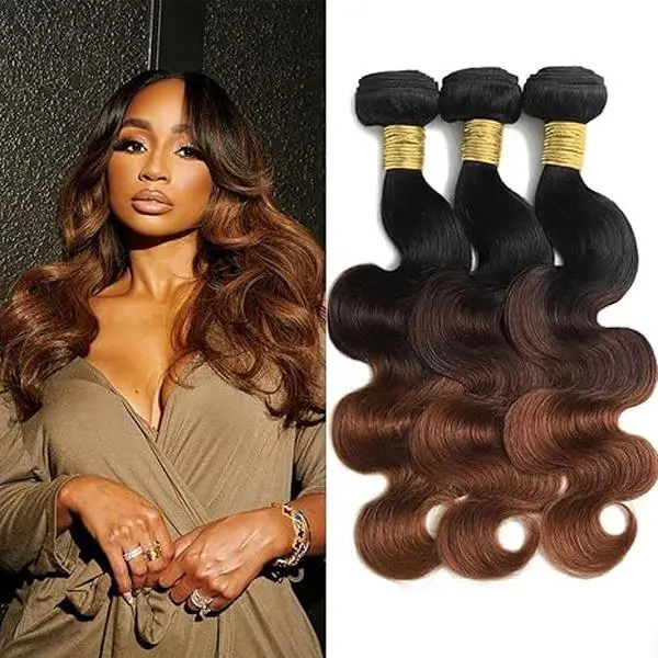 YTSOQ 12A T1B/2/30 Chestnut Brown Ombre Virgin Human Hair Bundles, Body Wave Dark Roots 3-Tone Medium A-Summervibesuburn Sew-in Quick Weaves with Highlights, Bundles of Human Hair, Human Hair Highlights