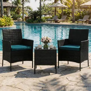 GAOMON 3-Piece Outdoor Furniture Set, PE Rattan Wicker Chairs with Soft Cushions & Tempered Glass Coffee Table - All-Weather Patio Set for Garden, Backyard, Porch, Poolside (Black/Green)