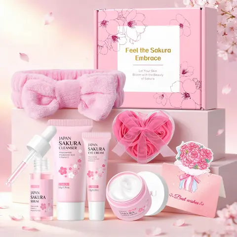 Laikou Sakura Skincare Set, Cleanser 50g + Toner 100ML + Serum 17ML + Eye Cream 15g + Moisturizer 30g + Gift Box Included, Facial Care Set, Skin Care Sets, Beauty Sets, Moisturizing Hydrating Kit, Glow Up Kit, Skin Care Kit