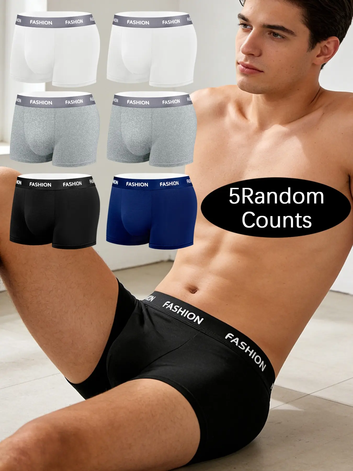 5pcs random men's solid color flat cornered underwear, Stretchy Boxer Briefs, leisure loose, Athletic, suitable for all seasons, soft, comfortable, suitable for daily home and exercise